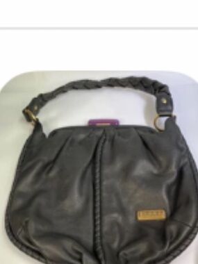 Isabella Fiore Black leather Braided-Handle Shoulder Bag with purple snap latch